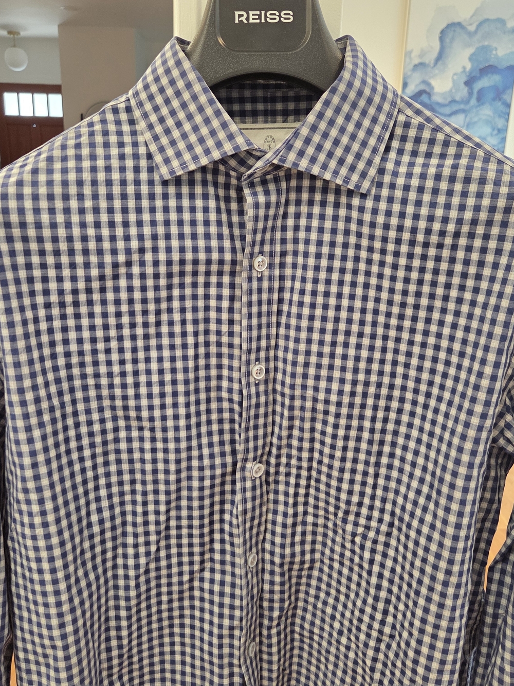 Todd Snyder Men’s Blue and White Gingham Cotton Twill Dress Shirt 16.5/34-35